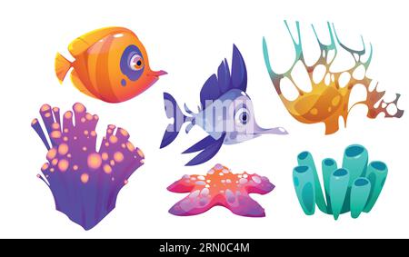 Underwater seaweed, coral reef and fish cartoon vector illustration set. Various bright colored marine or aquarium plants and animals. Sea and ocean tropical vibrant creatures - aquatic habitat. Stock Vector