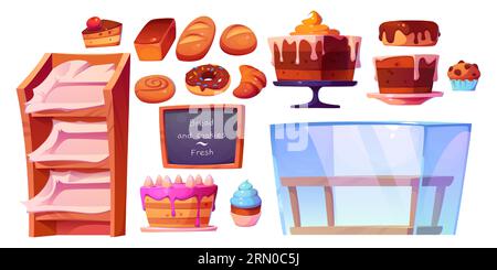 Bakery shop interior elements - cartoon glass showcase and shelves for baking, fresh bread and buns, sweet pastries, cakes and desserts. Vector set of bakeries store production and furniture. Stock Vector