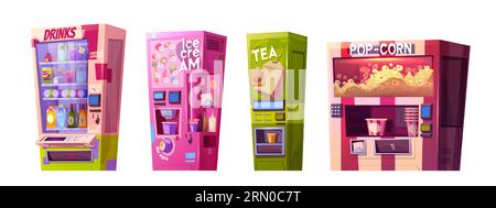 Food and drink vending machines isolated on white background. Vector cartoon illustration of automated slot dispensers for selling drinks, ice cream, tea, popcorn. Bottles and paper cups on shelves Stock Vector