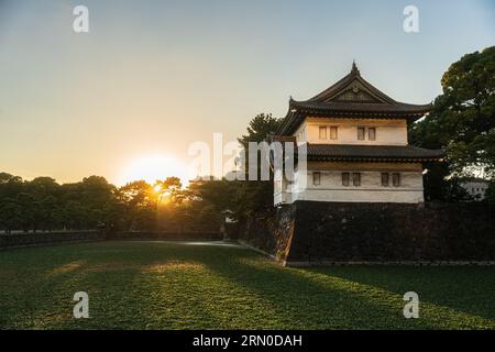 Tokyo Imperial Palace photographed at sunset. Beautiful sky over the Castle from Edo Period in Japan. Stock Photo