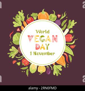 Vegan day. Round frame, wreath of fresh seasonal vegetables. Vector illustration in a flat style. Veganuary. Lettering in Scandinavian style. For adve Stock Vector