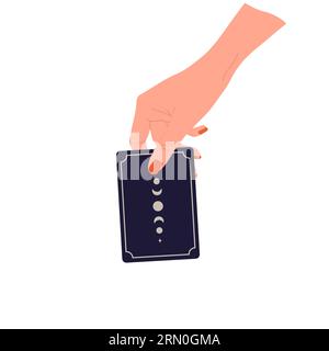 Hand holding tarot card with boho moon. Female fortune teller predicting future. Magic and esoteric. Vector illustration in flat cartoon style Stock Vector