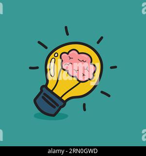 Human brain in lightbulb idea doodle style. Vector illustration Stock Vector