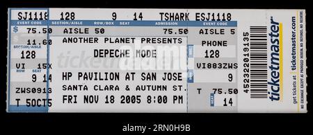 San Jose, California - November 18, 2005 - Old used ticket stub for Depeche Mode concert at HP Pavilion Stock Photo