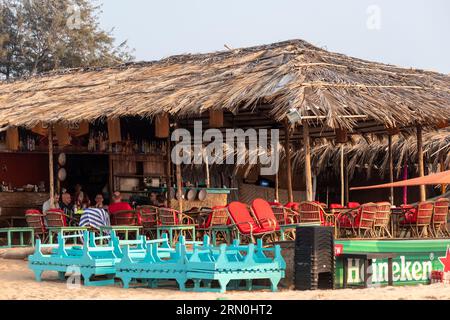 Calangute, Goa, India - January 2023: A beach shack with empty decks and chairs at Calangute beach. Stock Photo