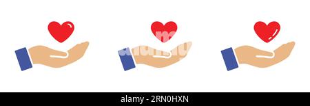 Red heart icon symbols on hand in glossy style set of three. Red heart icons set on palm hand vector. Stock Vector