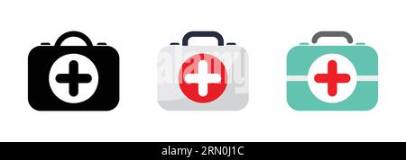 First aid kit icon set of three. Flat illustration of first aid kit vector icon for web design. First aid kit Icon Vector Illustration in red, Stock Vector