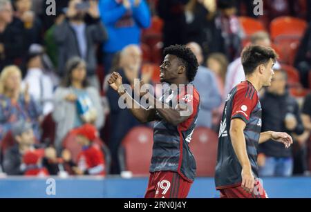 Toronto, Canada. 30th Aug, 2023. Deandre Kerr (L) of Toronto FC celebrates after scoring during the 2023 Major League Soccer(MLS) match between Toronto FC and Philadelphia Union at BMO Field in Toronto, Canada, on Aug. 30, 2023. Credit: Zou Zheng/Xinhua/Alamy Live News Stock Photo