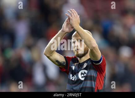 Toronto, Canada. 30th Aug, 2023. Michael Bradley of Toronto FC celebrates victory after the 2023 Major League Soccer(MLS) match between Toronto FC and Philadelphia Union at BMO Field in Toronto, Canada, on Aug. 30, 2023. Credit: Zou Zheng/Xinhua/Alamy Live News Stock Photo