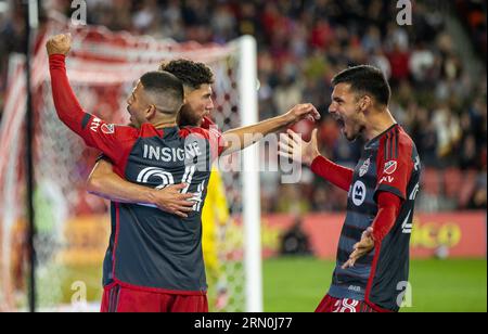 Toronto, Canada. 30th Aug, 2023. Players of Toronto FC celebrate after scoring during the 2023 Major League Soccer(MLS) match between Toronto FC and Philadelphia Union at BMO Field in Toronto, Canada, on Aug. 30, 2023. Credit: Zou Zheng/Xinhua/Alamy Live News Stock Photo