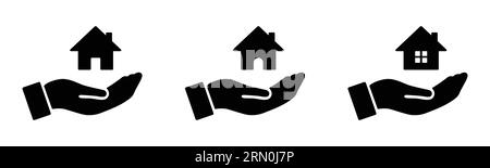 Home on hand symbol for buying, selling, renting, leasing home. House on hand symbol isolated black for housing, real estate, property dealing home. Stock Vector