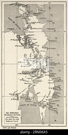 Map of the island of Mindanao from Davao to Butuan. Philippines island. Indonesia. Journey to the Philippines and Malaysia by Dr. J. Montano 1879-1881. Old 19th century engraving from Le Tour du Monde 1906 Stock Photo