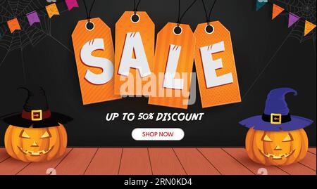 Halloween sale tags vector banner design. Sale text in shopping tags and discount sticker for halloween season shopping discount background. Vector Stock Vector