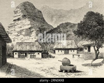 Mining town in the region of Santo Tomás. Peru, South America. Amazon and mountain ranges by Charles Wiener Mahler, 1879-1882. Old 19th century engraving from Le Tour du Monde 1906 Stock Photo