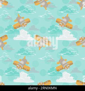 Toy airplanes among fluffy clouds on a blue background Stock Vector