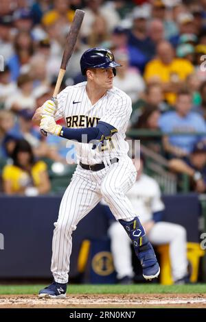 Milwaukee Brewers' Mark Canha hits a single during the sixth inning of a  baseball game against the Washington Nationals Sunday, Sept. 17, 2023, in  Milwaukee. (AP Photo/<orry Gash Stock Photo - Alamy