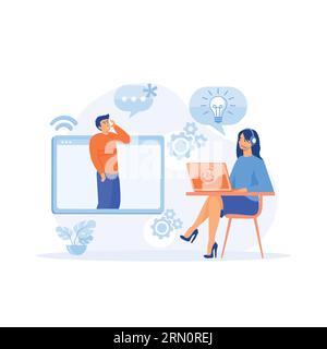 Hotline operator illustration concept, Female hotline operator advises client, Online global technical support 24 hours, flat vector modern illustrati Stock Vector