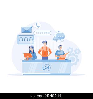 Customer service, hotline operators, customer support department staff. office operators with headsets characters. flat vector modern illustration Stock Vector
