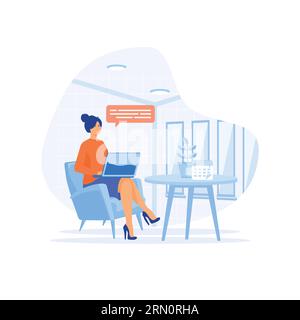 Home Office Concept. Woman Working at Home Office. Character Sitting at Desk in Cozy Room, flat vector modern illustration Stock Vector