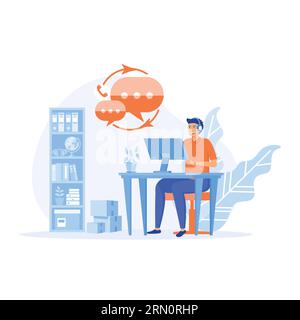customer service, hotline operator advises customer, online global technical support 24--7. flat vector modern illustration Stock Vector