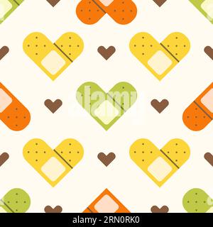 Flat cute seamless pattern of medical plaster with hearts. Blood donation print design in doodle style.. Stock Vector