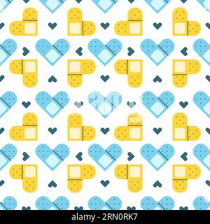 Flat cute seamless pattern of medical plaster with hearts. Blood donation print design in doodle style.. Stock Vector