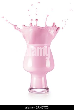 Mixed berry pink milkshake splashing out of drinking glass isolated on white background. Real studio shot. Stock Photo