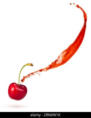 Ripe cherry and juice splash isolated on white background. Authentic studio shot. Stock Photo