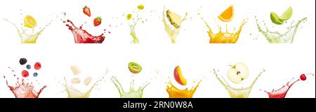 Set of fruit slices and berries falling into juice splashes in a line isolated on white background. Authentic studio photos of healthy drinks. Stock Photo
