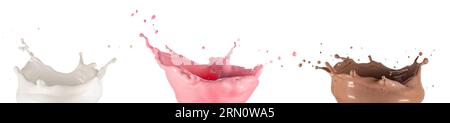 Shakes of various flavors splashing isolated on white background. Real studio shot collection. Stock Photo
