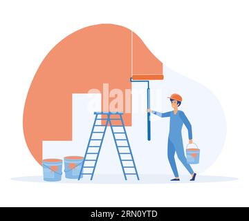 Home renovation and repairing concept. worker standing backwards painting wall in new apartment. flat vector modern illustration Stock Vector