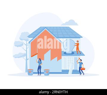 Home renovation workers. Repairman team building house, Painting, electric, finishing works, flat vector modern illustration Stock Vector