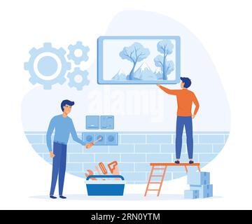 Home repair services, professional workers, Husband and wife glue wallpaper, flat vector modern illustration Stock Vector