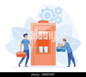 Home maintenance and plumbing services. Plumber worker repairs broken water heater. flat vector modern illustration Stock Vector