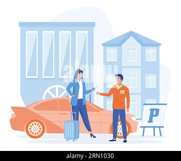 Hotel service concept. valet parking worker gets keys from clients car. flat vector modern illustration Stock Vector