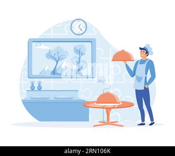 Hotel jobs concept, Housekeeper making bed in room, cleaning lady, room service, breakfast in bed, hotel management. flat vector modern illustration Stock Vector