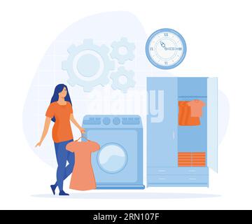 Hotel business concept, Experienced manager training staff, laundry service, maid ironing guests shirt, waiter serving at banquet. flat vector modern Stock Vector