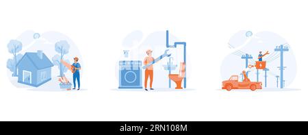 Home renovation concept. Carpenter, plumber and electrician services, set flat vector modern illustration Stock Vector