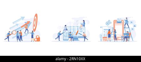 Business development and career growth, mobile application development, business team working, set flat vector modern illustration Stock Vector