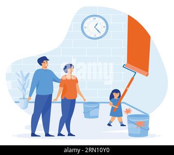 Home repair services, professional workers, family, child painting wall with roller. flat vector modern illustration Stock Vector