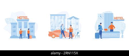 Hotel service, Smiling doorman welcoming guest, valet parking worker gets keys from clients car, receptionist provide information to people, set flat Stock Vector