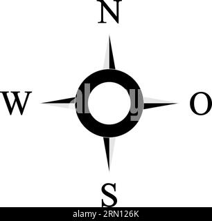 Compass rose vector with four directions and German east description. Wind rose in black and grey. Marine, nautical or trekking navigation symbol. Stock Vector