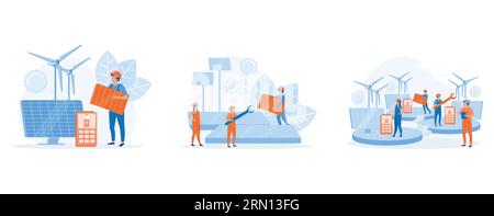 Solar panel installation concept, Installing solar modules. Scene with professional team and panels, set flat vector modern illustration Stock Vector