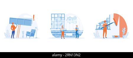 Home renovation concept, workers doing indoor maintenance, set flat vector modern illustration Stock Vector