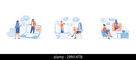 Customer support department staff. Online global technical support 24 hours, telephone hotline for business. set flat vector modern illustration Stock Vector