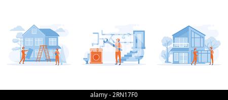 House maintenance concept. Roofing and basement services, windows and doors replacement and installation, set flat vector modern illustration Stock Vector