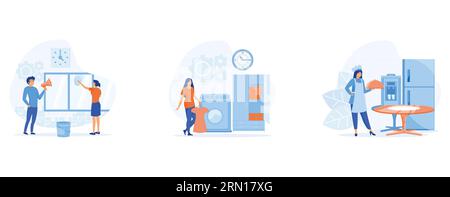 Hotel business concept, Experienced manager training staff, laundry service, maid ironing guests shirt, waiter serving at banquet. set flat vector mod Stock Vector