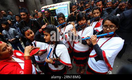 (141206) -- KATHMANDU, Dec. 6, 2014 -- People from Newar community play traditional music during a parade markingJyapu Day and Yomari Purnima in Kathmandu, Nepal, Dec. 6, 2014. The Jyapu Day is celebrated every year during the full moon day and Newar community celebrates Yomari Purnima by making Yomari and performing traditional songs and dances. ) NEPAL-KATHMANDU-JYAPU DAY-YOMARI PURNIMA SunilxSharma PUBLICATIONxNOTxINxCHN   Kathmandu DEC 6 2014 Celebrities from Newar Community Play Traditional Music during a Parade  Day and  PURNIMA in Kathmandu Nepal DEC 6 2014 The  Day IS celebrated Every Stock Photo