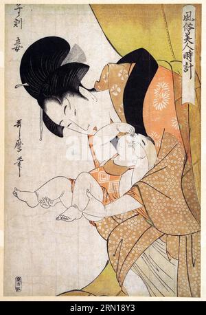 Japan: Midnight - Mother and Sleepy Child. Ukiyo-e woodblock print by Kitagawa Utamaro (c. 1753 - 31 October 1806), 1790.  Kitagawa Utamaro was a Japanese printmaker and painter, who is considered one of the greatest artists of woodblock prints (ukiyo-e). He is known especially for his masterfully composed studies of women, known as bijinga. He also produced nature studies, particularly illustrated books of insects. Stock Photo