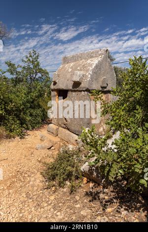 Close up of an ancient stone Simena sarcophagi  (Lycian tomb) in the Upper hillside Lycian Necropolis, Simena, Turkey Stock Photo